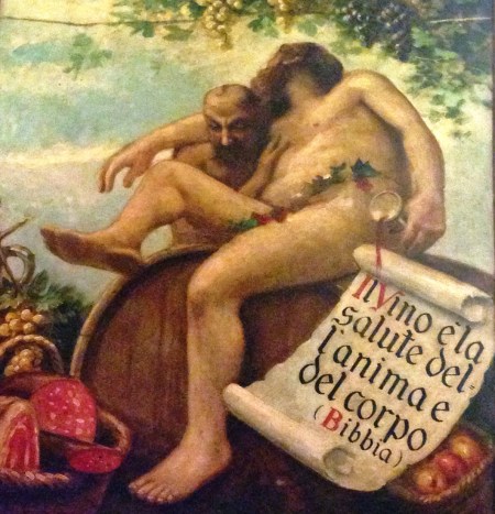 Um dos quadros do local: "O vinho é a saúde da alma e do corpo (Bíblia)"