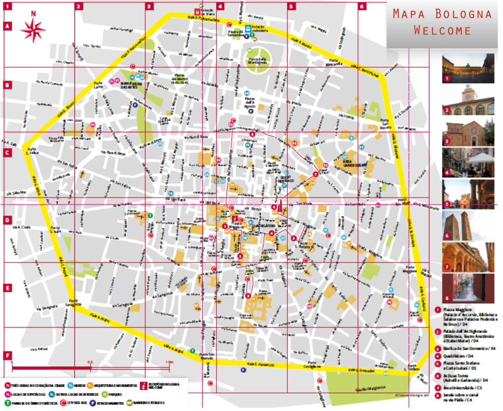 Este é o mapa turístico "oficial" de Bologna. Clique na figura para vê-lo em detalhes  (fonte: Bologna Welcome)