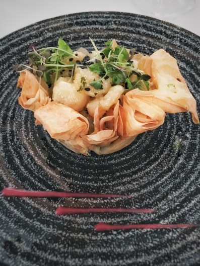 Phyllo langoustines and white chocolate